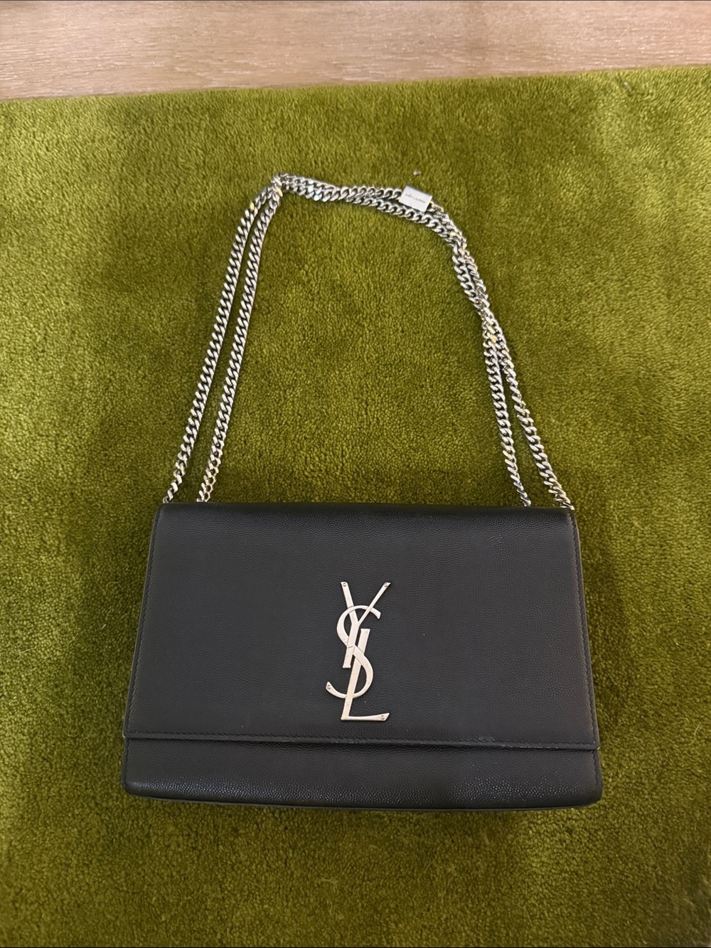Yves Saint Laurent Black Leather Shoulder Bag with Silver Chain